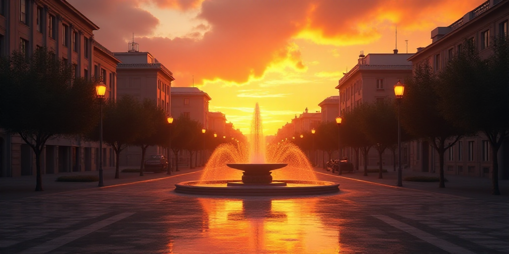 a sunset view of a city with a fountain in the middle of the street and buildings in the background,