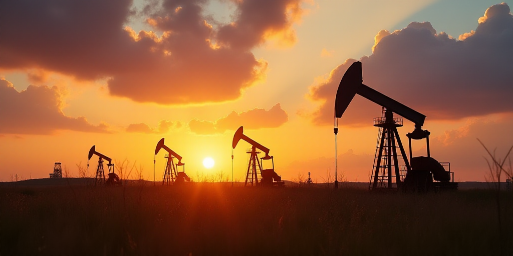 a sunset view of oil pumps in the middle of a field with a sky background and clouds in the backgrou