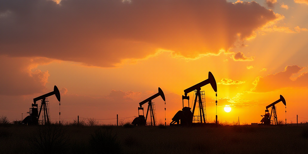 a sunset view of oil pumps in the middle of a field with a sky background and clouds in the backgrou