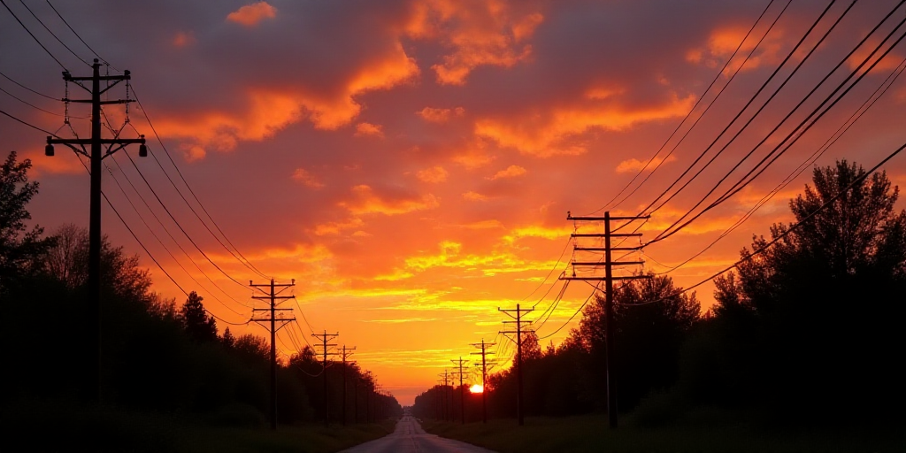 a sunset with power lines and a sky background with clouds and trees in the foreground and a few pow