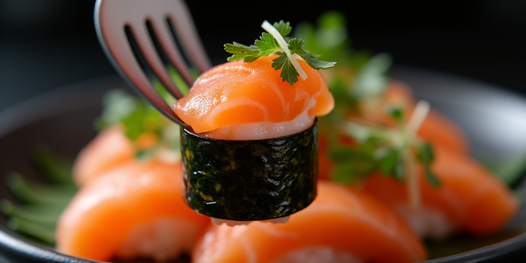 a sushi with a piece of salmon on it is being held up by a fork with seaweed and other seaweed, Aya