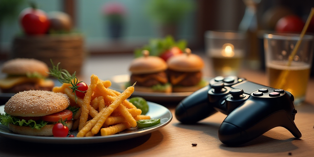 a table topped with a game controller and a lot of food next to it on top of a table, Andries Stock,