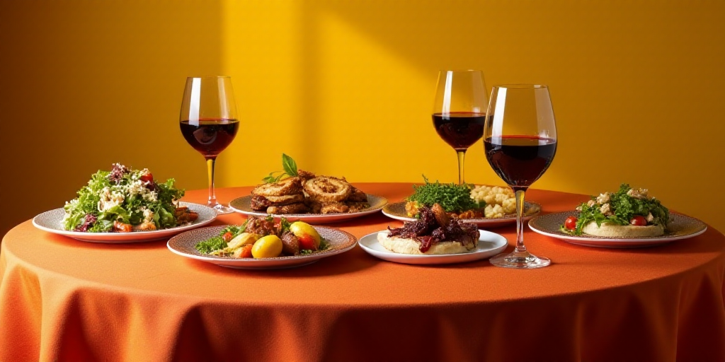 a table topped with plates of food and wine glasses next to each other on an orange table cloth cove