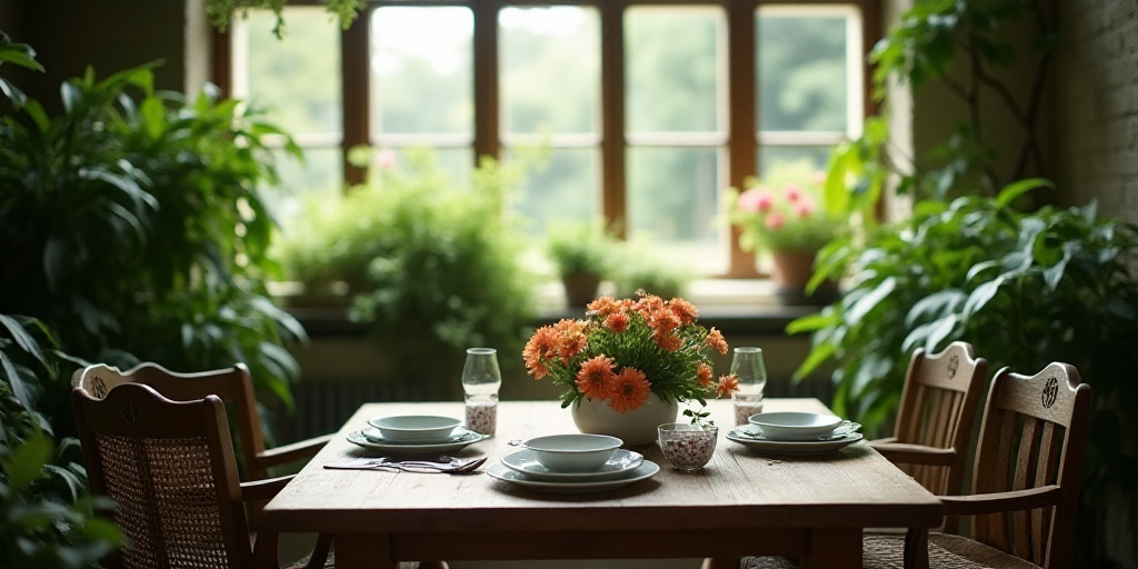 a table with plates and flowers on it in a room with plants and windows in the background and a larg