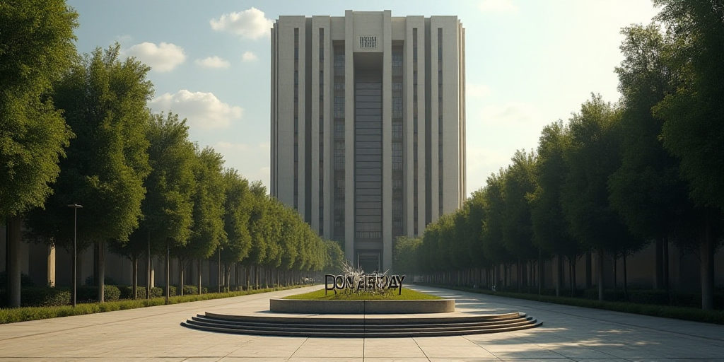 a tall building with a circular entrance in front of it and trees around it in front of it is a sign