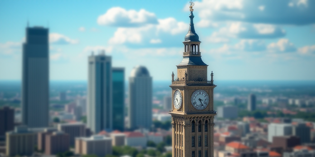 a tall building with a clock on top of it in a city with tall buildings and a blue sky, Ceferí Oliv