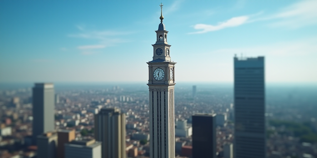 a tall building with a clock on top of it in a city with tall buildings and a blue sky, Ceferí Oliv
