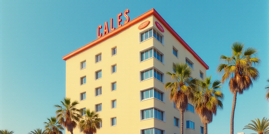 a tall building with a sign on top of it's side and palm trees in front of it, Carles Delclaux Is, s
