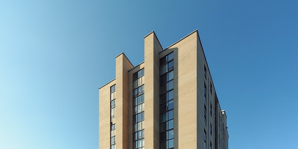 a tall building with a sign on the side of it's face in front of a blue sky, Andreas Gursky, grotesq