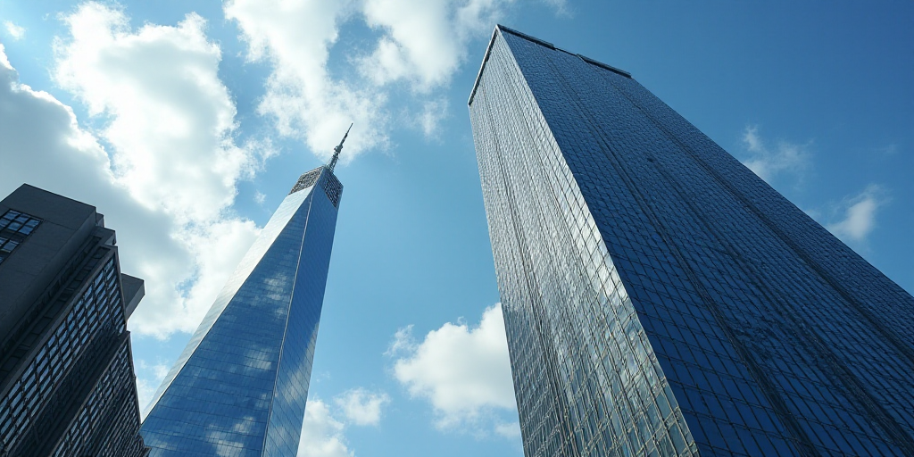 a tall building with a sky scraper in the background and a sky scraper in the foreground, Enguerrand