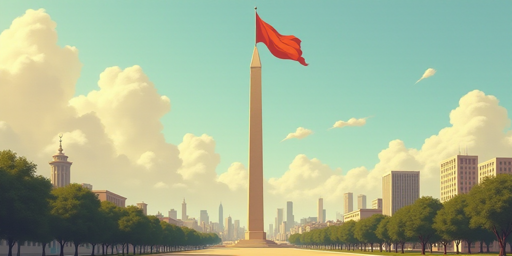 a tall obelisk in a city with a flag flying in the wind and a building in the background, Emiliano P