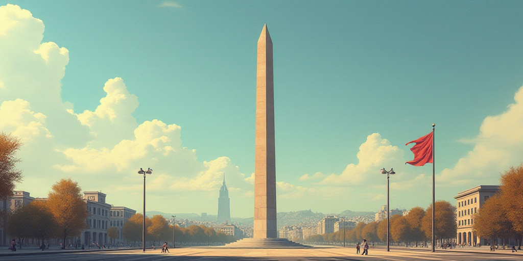 a tall obelisk in a city with a flag flying in the wind and a building in the background, Emiliano P