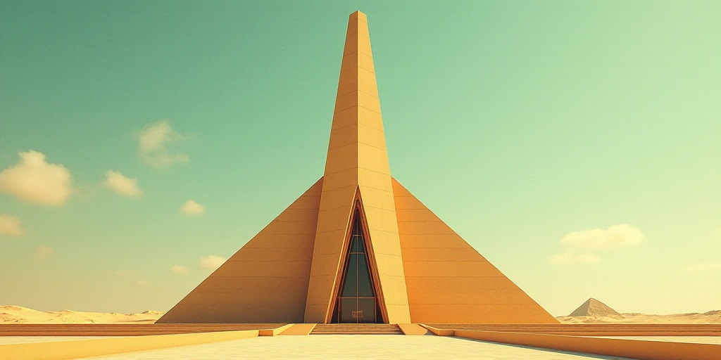 a tall obelisk in front of a building with a triangular design on it's side and a triangular pyramid