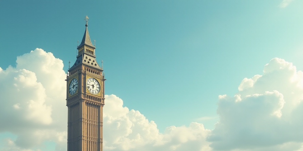 a tall tower with a clock on top of it's side and a sky background with clouds in the background, An
