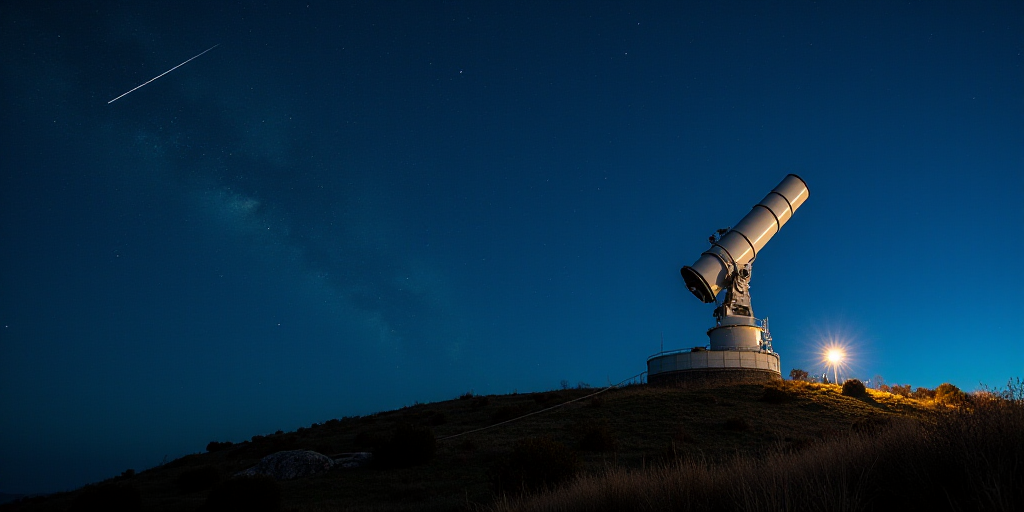 a telescope on a hill with a night sky in the background and stars in the sky above it, and a buildi