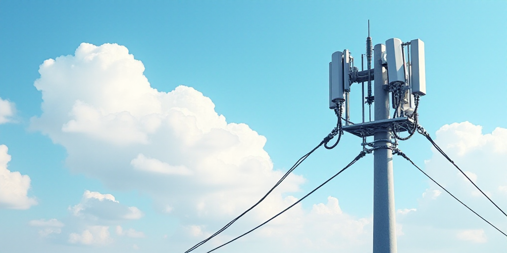 a tower with several cell phones on it and a sky background with clouds in the background and a few