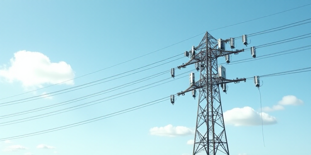 a tower with several cell phones on it and a sky background with clouds in the background and a few