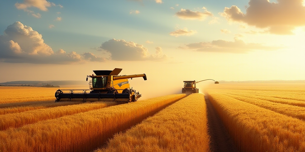 a tractor and a combine are in a field of wheat as a farmer uses a sprayer to spray down the crop, C