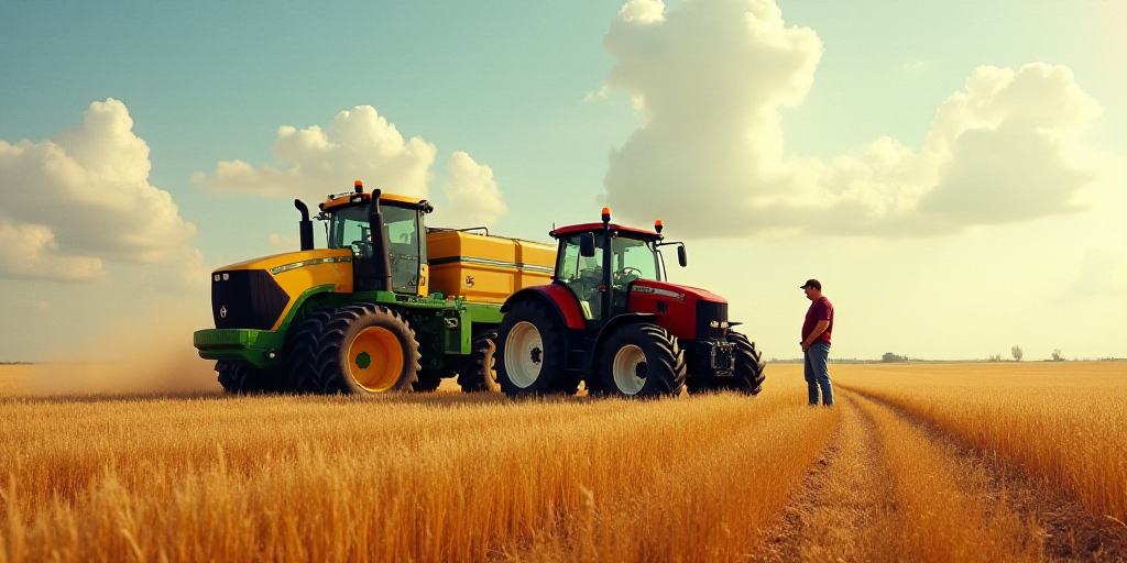 a tractor and a trailer with a grain trailer in the middle of a field with a man standing next to it