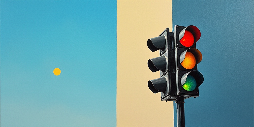 a traffic light sitting next to a tall building with the sun shining behind it and a blue sky behind