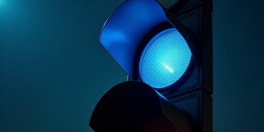 a traffic light with a blue light on top of it and a white light on the bottom of it, Epsylon Point,