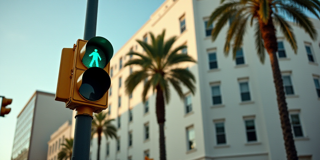 a traffic light with a green pedestrian signal in front of a building with a palm tree in the foregr