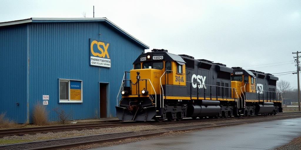 a train is parked in front of a blue building with a sign that says csx on it and a sign that says w