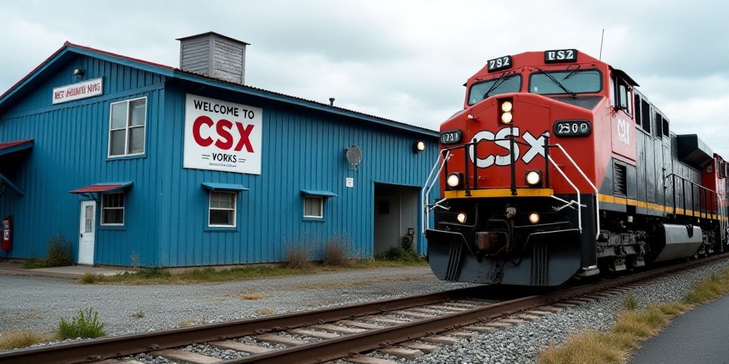 a train is parked in front of a blue building with a sign that says csx on it and a sign that says w