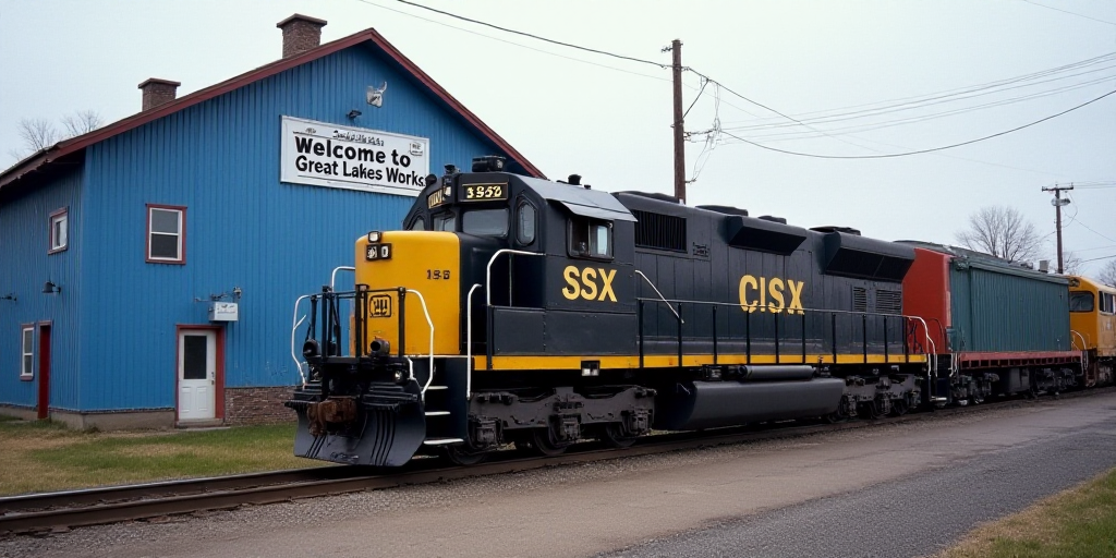a train is parked in front of a blue building with a sign that says csx on it and a sign that says w