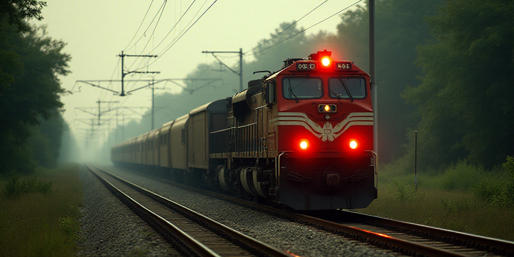 a train is traveling down the tracks near a forest and power lines in the distance, with a red light