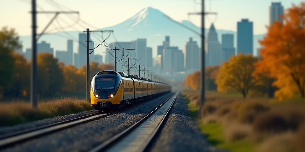 a train traveling down tracks near a city with tall buildings and trees in the background, with a mo