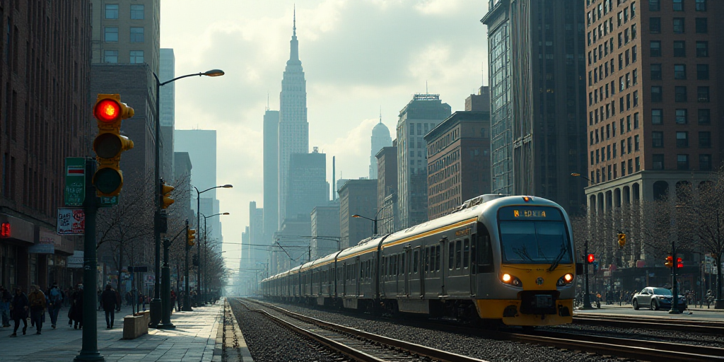 a train traveling through a city next to tall buildings and traffic lights on a cloudy day with a vi