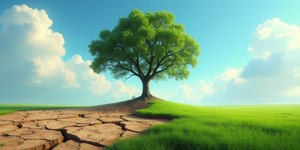 a tree on a cracked earth with a sky background and a green field below it with a blue sky, Chris La
