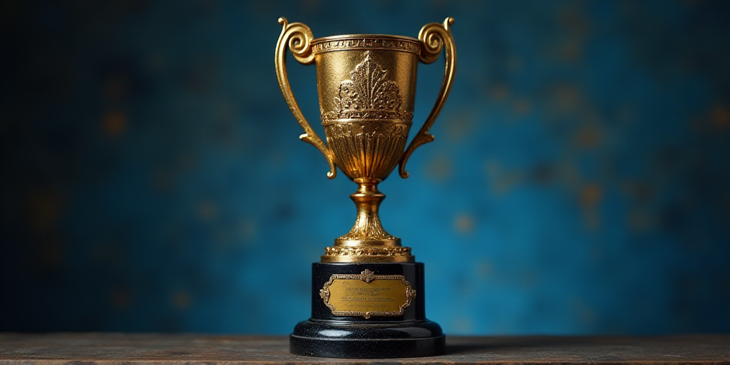 a trophy with a gold and black design on it's base and a blue background behind it with a gold and b