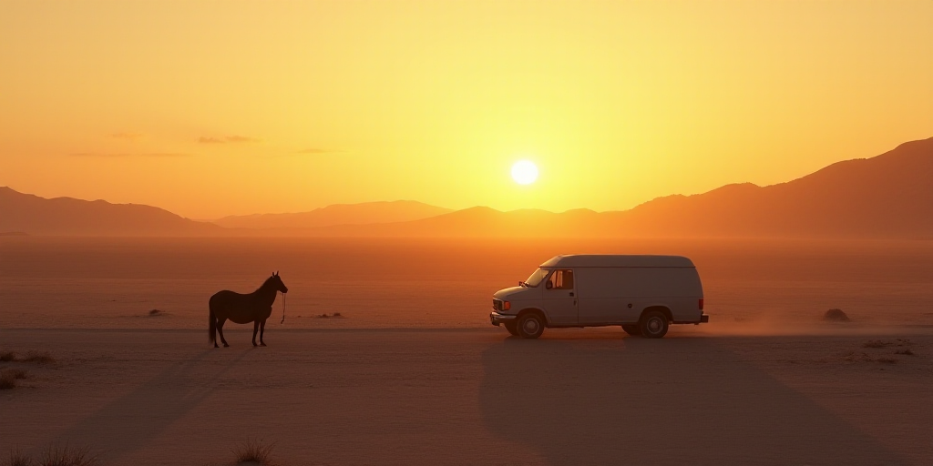 a truck driving down a road in the middle of the desert at sunset or dawn with a horse standing on t