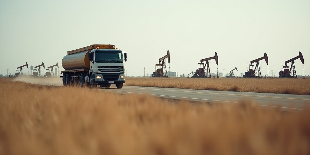 a truck driving down a road past a bunch of oil pumps in the background of a field of dead grass, El