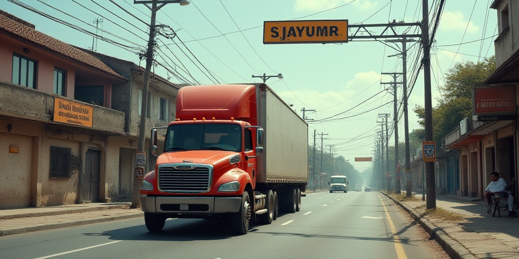 a truck driving down a street under a sign that reads ad de cuad jabrez zaragga, Félix Arauz, blunt