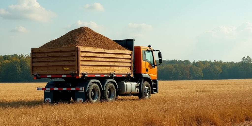 a truck filled with a bunch of brown stuff in a field next to a field of grass and trees, Dahlov Ipc