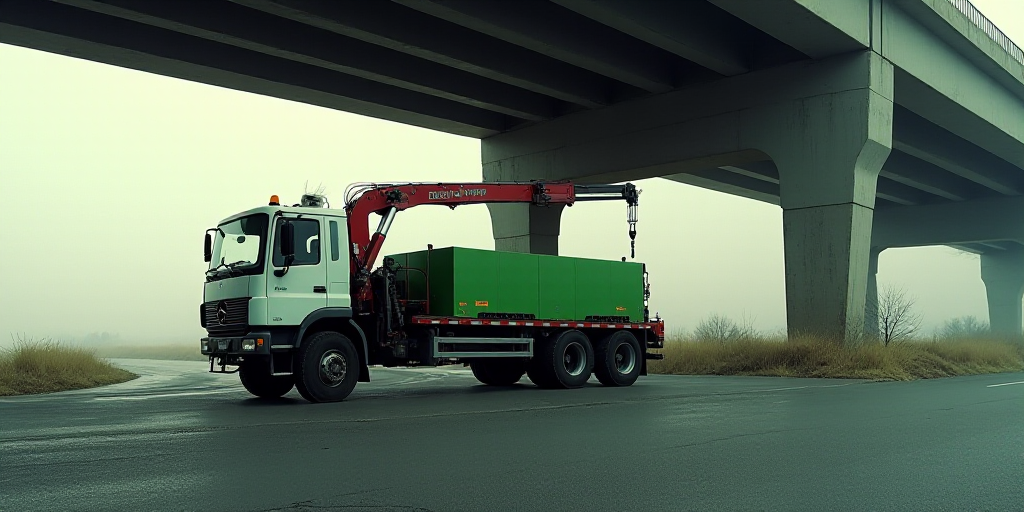 a truck is parked under a bridge with a crane on it's back and a green box on the back, Ceferí Oliv