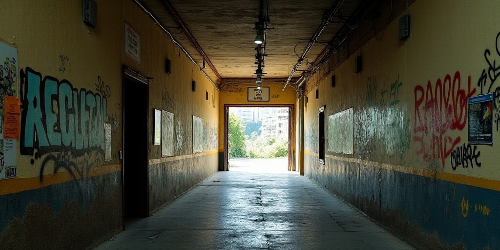 a tunnel with a long wall and a long door leading to it with graffiti on the walls and a door leadin