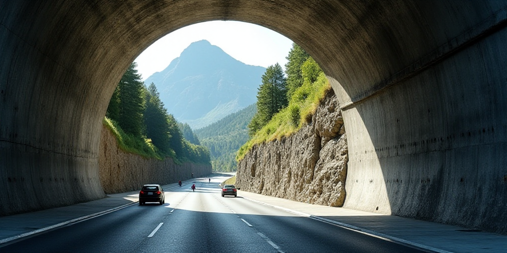 a tunnel with a mountain in the background and a few people standing on the side of it and a few car