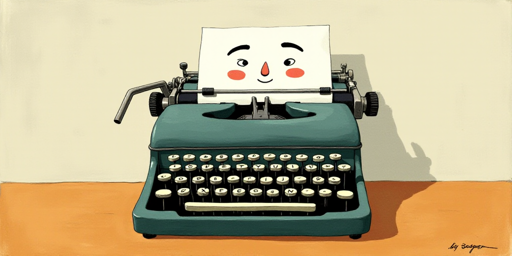 a typewriter with a face drawn on it and a caption for the words opinion and a question, Edward Otho