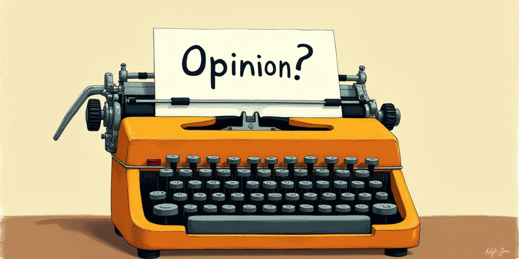 a typewriter with a face drawn on it and a caption for the words opinion and a question, Edward Otho
