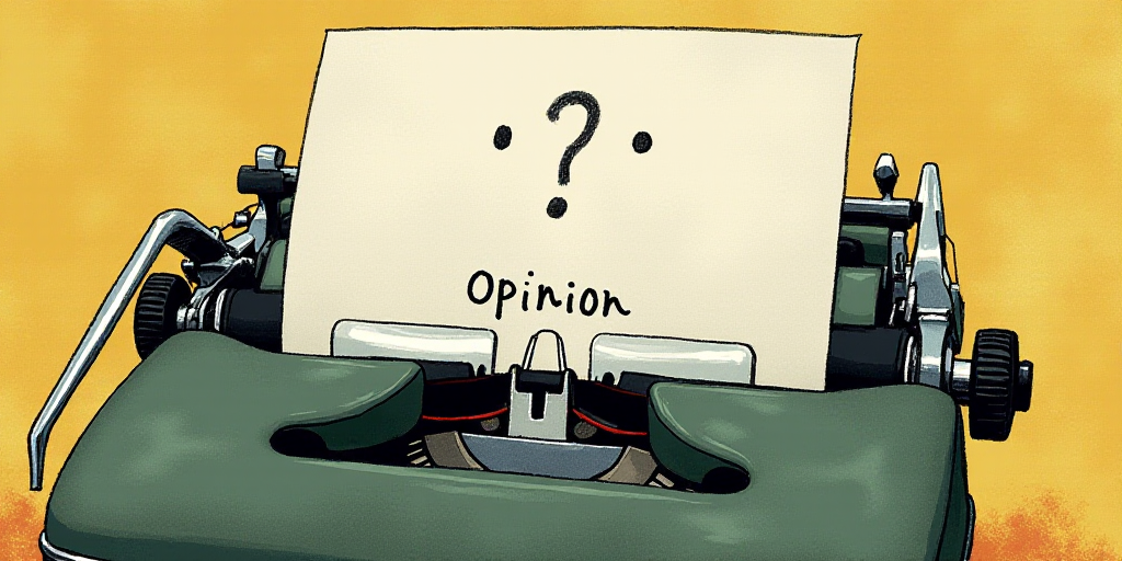 a typewriter with a face drawn on it and a caption for the words opinion and a question, Edward Otho