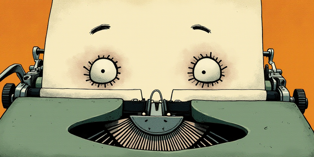 a typewriter with a face drawn on it and a caption for the words opinion and a question, Edward Otho