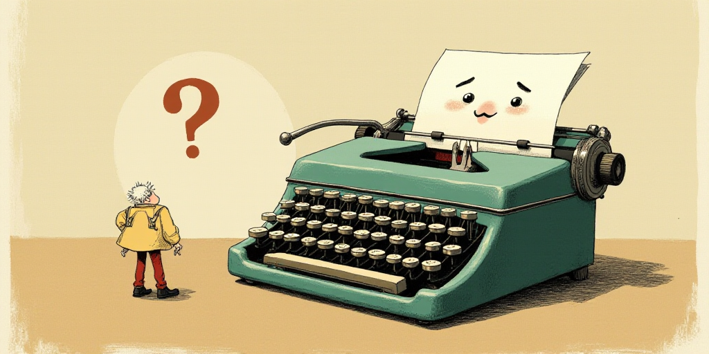 a typewriter with a face drawn on it and a caption for the words opinion and a question, Edward Otho