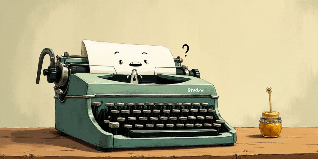 a typewriter with a face drawn on it and a caption for the words opinion and a question, Edward Otho