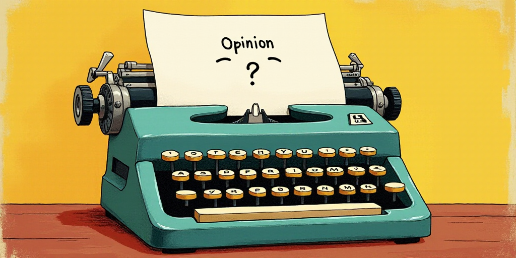 a typewriter with a face drawn on it and a caption for the words opinion and a question, Edward Otho