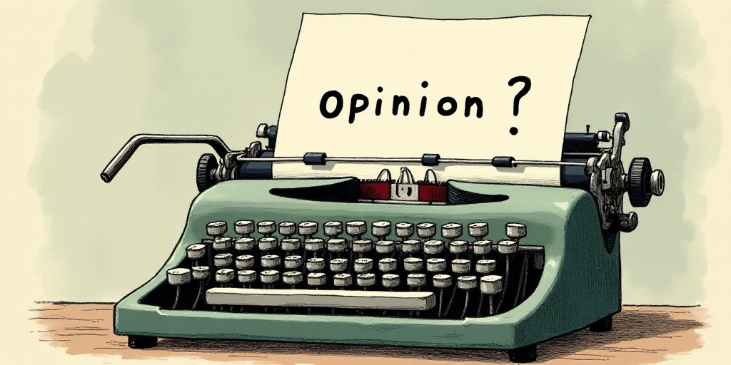 a typewriter with a face drawn on it and a caption for the words opinion and a question, Edward Otho