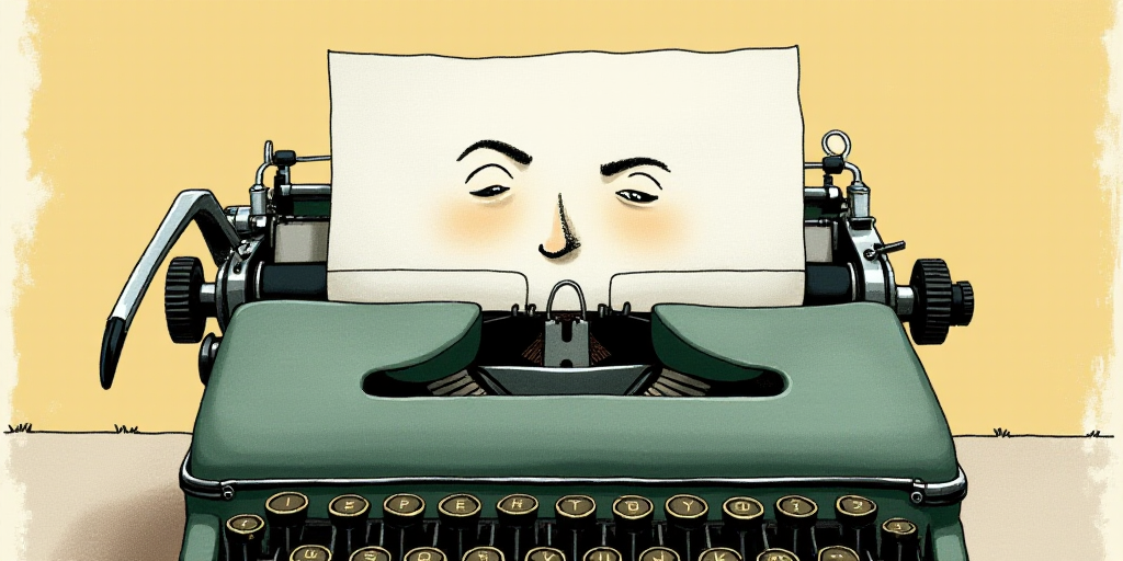 a typewriter with a face drawn on it and a caption for the words opinion and a question, Edward Otho